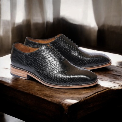 Handmade Black Python Texture Leather Shoes, Men's Oxford Shoes