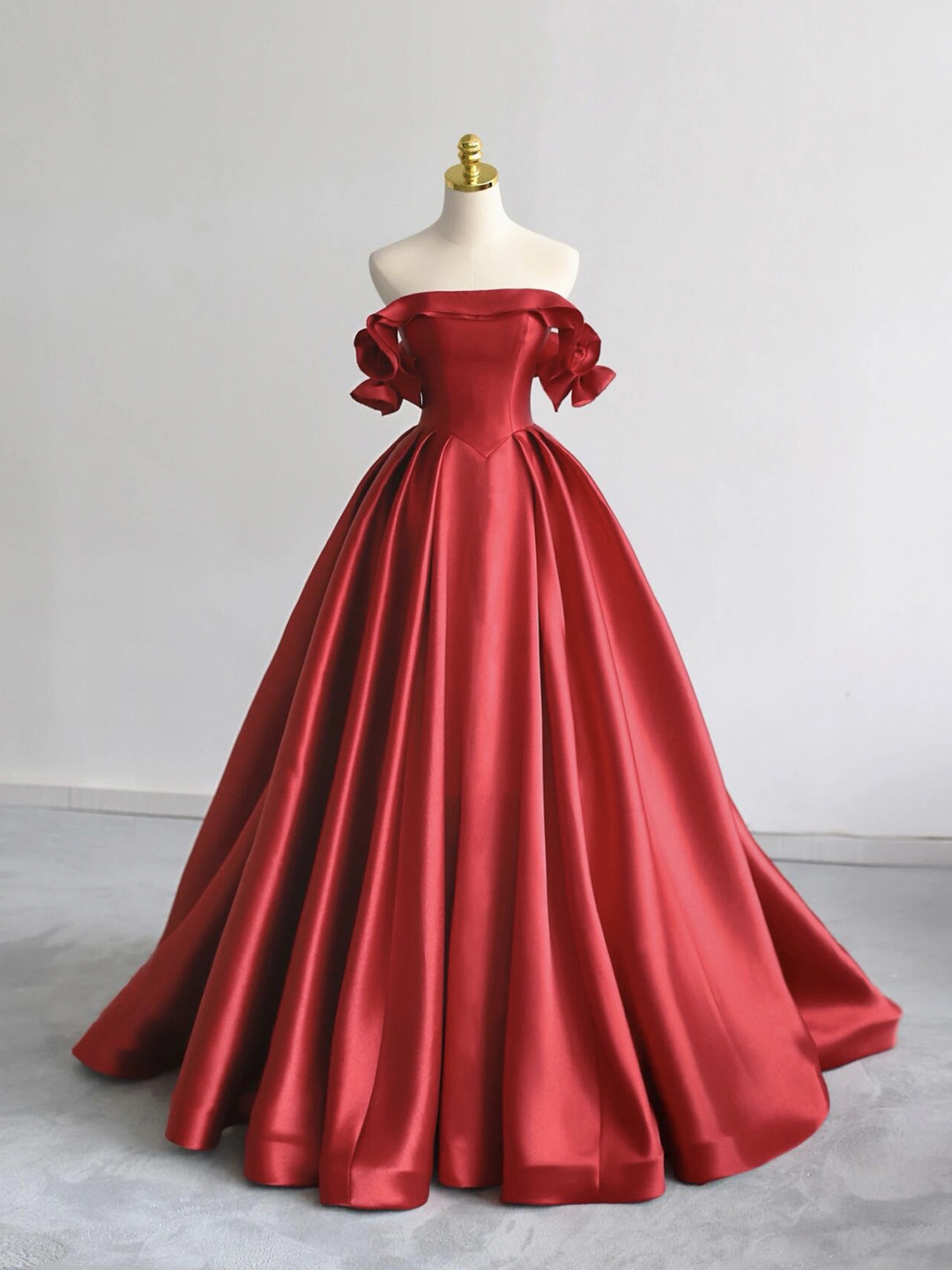 Red Satin Long Prom Dress, A-Line Off the Shoulder Party Dress