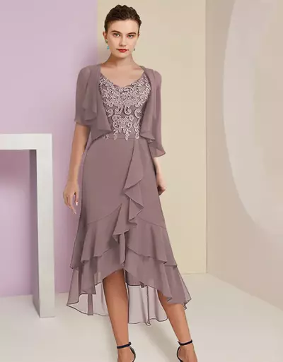 Two Piece Mother of the Bride Dress/Groom Formal Fall Wedding Guest Elegant High Low V Neck Asymmetrical Tea Length Chiffon