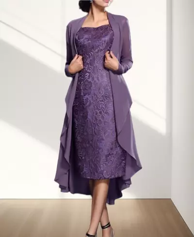 Mother of the Bride/Groom Dress Elegant Jewel Neck Knee Length Chiffon Long Sleeve Jacket Dresses with Lace