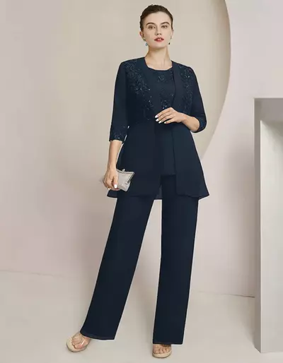 Mother of the Bride/Groom Jumpsuit Formal Wedding Guest Elegant Scoop Neck Floor Length Chiffon 3/4 Length Sleeve with Lace Sequin