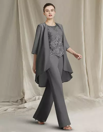 Jumpsuit / Pantsuit 3 Piece Mother of the Bride /Groom Dress Formal Wedding Guest Elegant Floor Length Lace with Beading Appliques