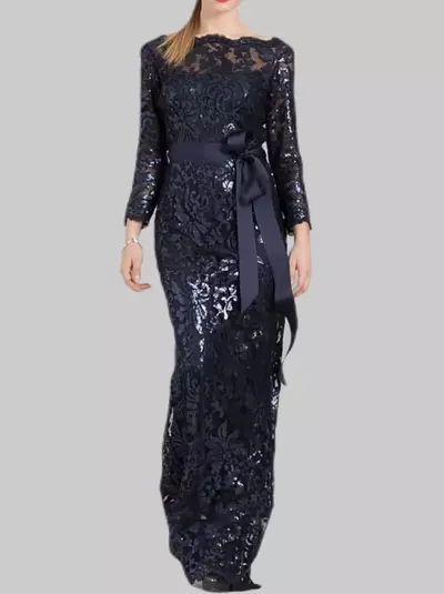 Mermaid / Trumpet Mother of the Bride /Groom Dress Wedding Guest Shine Jewel Neck Floor Length Lace Sequined Long Sleeve