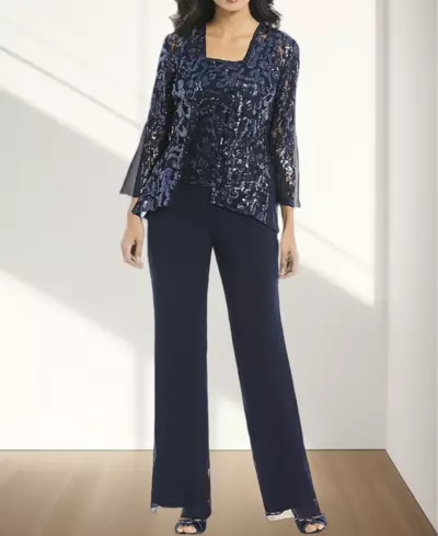 Jumpsuit / Pantsuit 3 Piece Mother of the Bride/Groom Dress Square Neck Floor Length Chiffon Lace Sequined 3/4 Length Sleeve