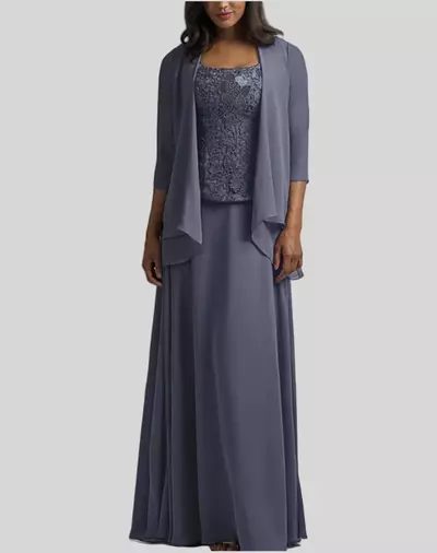 Two Piece A-Line Mother of the Bride/Groom Dress Elegant Square Neck Floor Length Chiffon 3/4 Length Sleeve with Lace