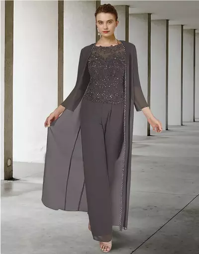 Mother of the Bride/Groom Dress Wedding Guest Elegant Jewel Neck Ankle Length Chiffon Long Sleeve with Lace Sequin