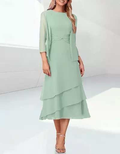Mother of the Bride/Groom Dress Elegant Tea Length Chiffon 3/4 Length Sleeve Wrap Included with Ruching