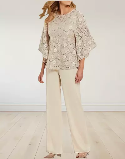 Pantsuit 3 Piece Mother of the Bride /Groom Dress Formal Wedding Guest Jewel Neck Floor Length Chiffon 3/4 Length Sleeve with Lace