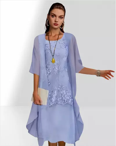 Two Piece Mother of the Bride /Groom Dress Elegant Jewel Neck Tea Length Chiffon Lace Sleeveless Jacket Dresses