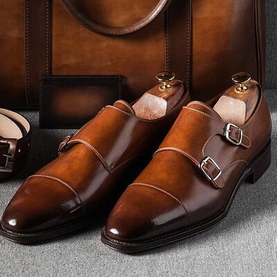 Hand Craft Special Edition Manufacture For Christmas Brown Double Monk Strap Shoes