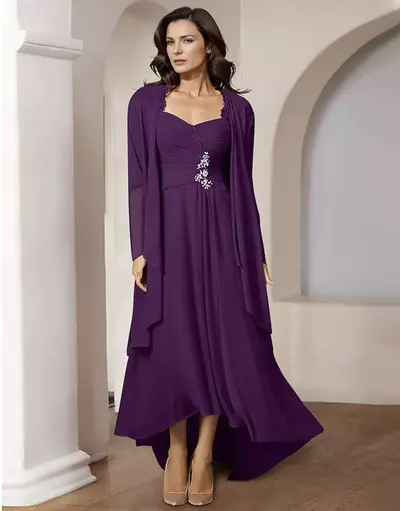 Two Piece A-Line Mother of the Bride/Groom Dress Elegant Wedding Guest Vintage Chiffon Long Sleeve with Lace Ruched