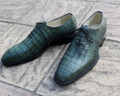 Crafted Leather Classic Men Green Crocodile/Alligator Leather Dress Shoes