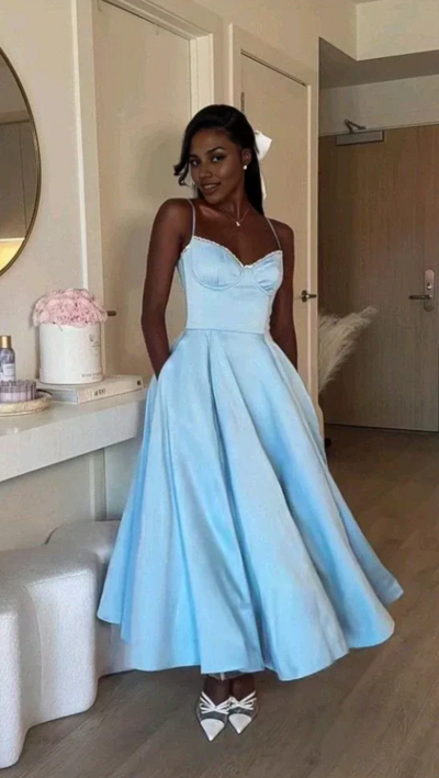 A-Line Sky Blue Long Stain Party Dresses