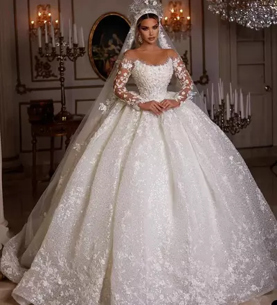 Princess Wedding Dresses Vintage Bridal Gown Beading Shinny Tulle Long Sleeves Robe Elegant Luxury Pretty Dress Customized