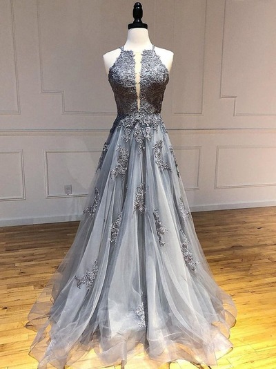 Unique Backless Long Lace Appliques Gray Prom, Formal Evening Dresses PD230101