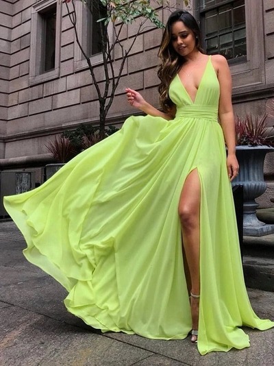 Simple Long V Neck Chiffon Prom with Slit, Formal, Bridesmaid Dresses PD230104