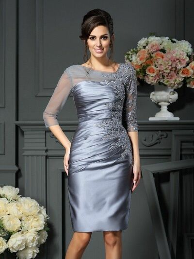 Grey Mother of the Bride/Groom Dress Sheath Lace Appliques Tea-length Evening Formal Wedding Guest Prom Dress