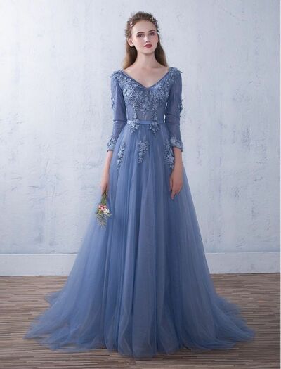 Elegant Blue Mother of the Bride/Groom Dress Lace Appliques Evening Formal Prom Dress