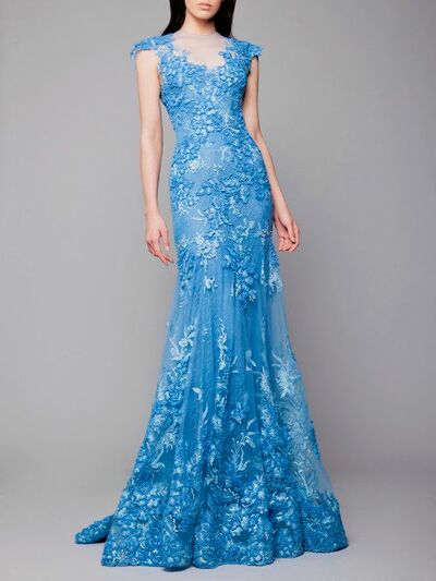 Elegant Mother of the Bride/Groom Dress Blue Lace Appliques Evening Formal Prom Dress