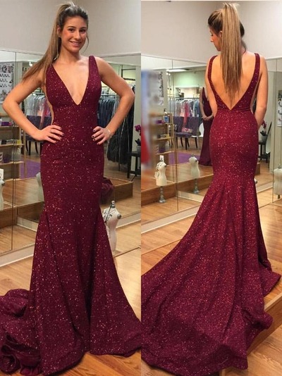 Elegant Mermaid Backless Burgundy V Neck Sequins Long Prom with Sweep Train, Formal Evening DressesPD230106