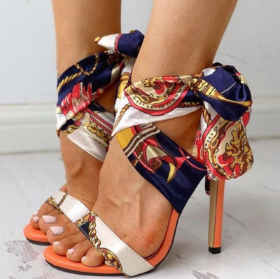 Multicolor Ribbon Strap High Heel Sandals