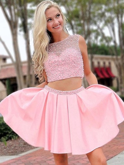 Round Neck two Pieces Beades Pink Prom, Homecoming, Formal Dresses, PD230113
