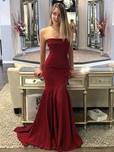 Mermaid Burgundy Strapless Sweep Train Elastic Satin Long Prom, Formal Evening Dresses, PD230114