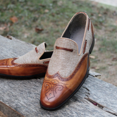 Crafted leather classic men brown / tweed leather moccasin loafers wingtip dress shoes - Thumbnail 4