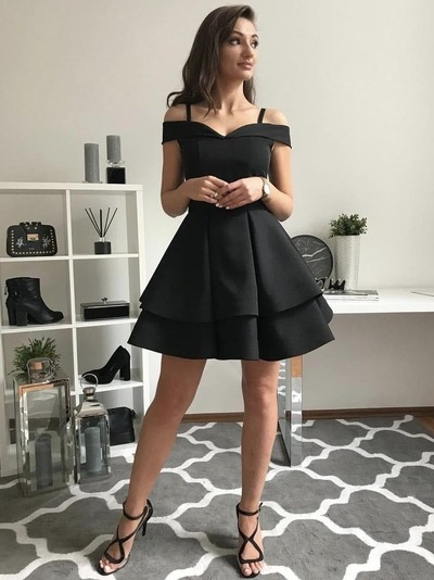 Layered Black Short Off the Shoulder Prom, Black Homecoming, Graduation, Evening Dresses, PD2301234