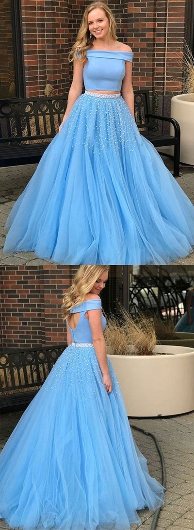 Off the Shoulder Beading Pink/Light Sky Blue Prom, Formal, Long Evening Dresses, PD2301235