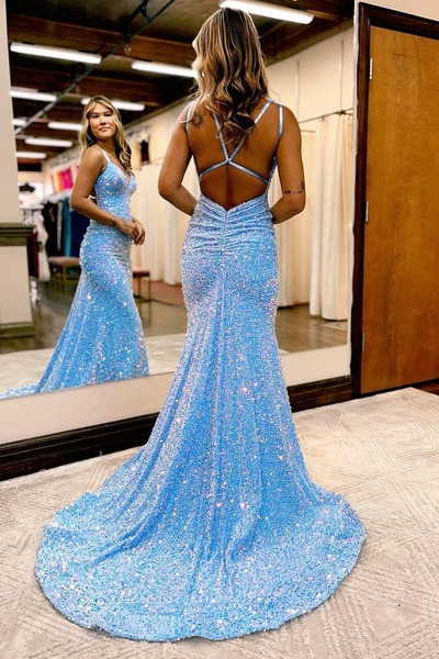 Blue Sequins Long Backless Mermaid Prom Dresses, PD230131
