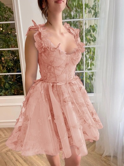 3D Butterflies Aline Tulle Short Prom Dresses, PD230133