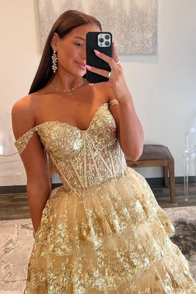 Off the Shoulder Princess Sequined Lace Prom Dresses, PD230135