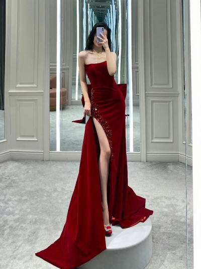 Strapless Mermaid Wine Red Stain Prom Dress With High Split