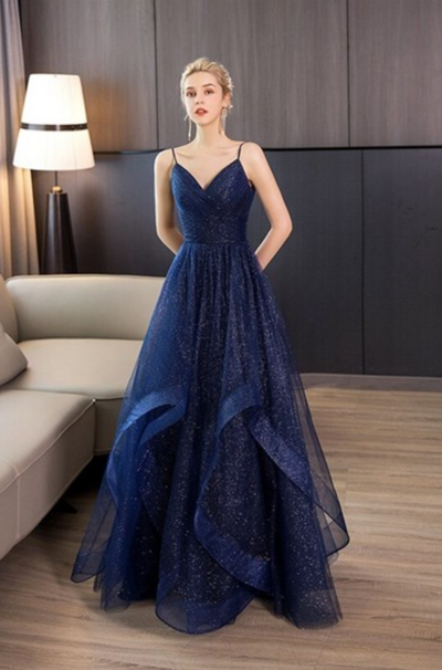 Spaghetti Strap Navy Blue V-Neck Backless Prom Dresses
