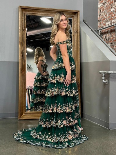 A-Line Off-the-Shoulder Tiered Long Lace Prom Dress with Slit, PD230140