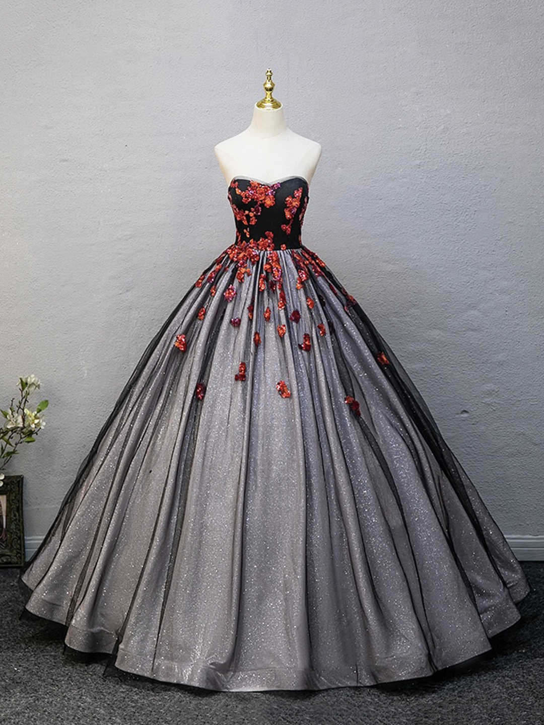 Black Tulle Sequins Floor Length Formal Evening Dress