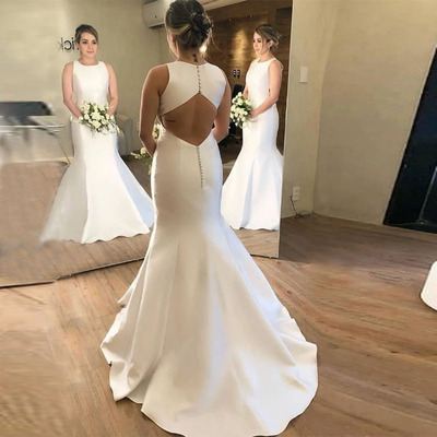 Simple wedding dress jewel neck white satin low cut back mermaid wedding dress - Thumbnail 1