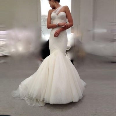 Elegant white tulle mermaid wedding dresses online fitted form pleated one shoulder wedding dress - Thumbnail 1