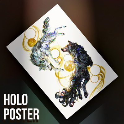 Double Golden Wolves - Premium Holographic Poster