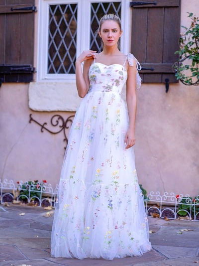 Tulle Sweetheart Neck Floor Length Embroidery Floral Prom Dress, PD230148