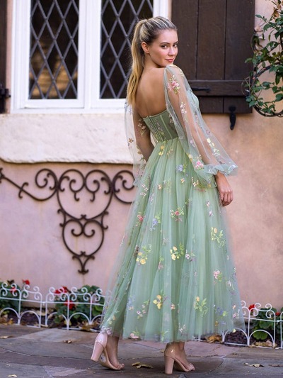 Tea-Length Embroidery Sweetheart Tulle Puff Sleeves Floral Corset Prom Dress, PD230149