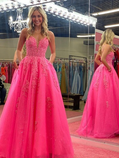 V Neck A Line Long Lace Pink Prom Dress, PD230161