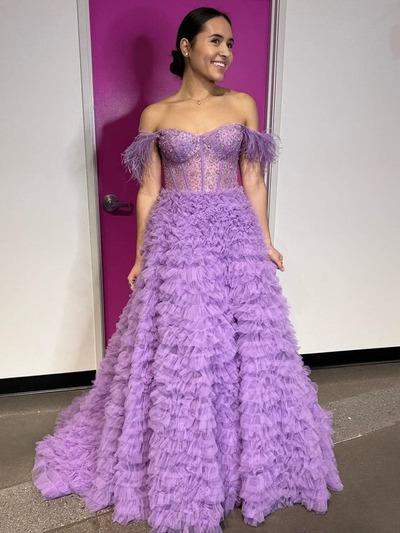 A Line Long Tiered Tulle Sweetheart Prom Dress With Slit, PD230170