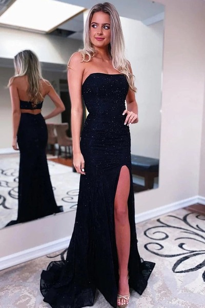Black Sequins Sheath Strapless Long Prom Dress with Split Front, PD230178