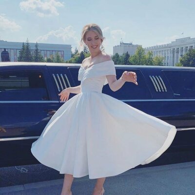 Off-shoulder tea-length wedding dress - Thumbnail 1