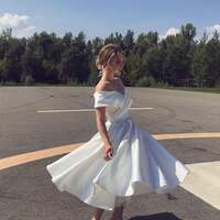 Off-shoulder Tea-Length Wedding Dress - Thumbnail 1