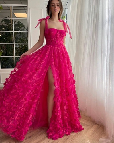 A-line 3D Lace Flower Prom Dress With Slit, PD230188
