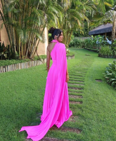 Beautiful Fuchsia One Shoulder Prom Dress With Draped Sleeves