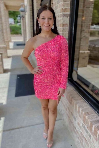 Sheath Fringe Sequins Long Sleeve Homecoming Dress, PD230225